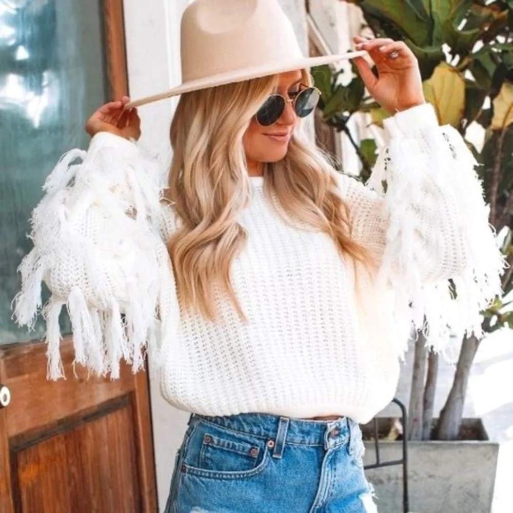 12th Tribe Chunky Knit Sweater S Fringe Sleeve White Boho Festival Western Rodeo